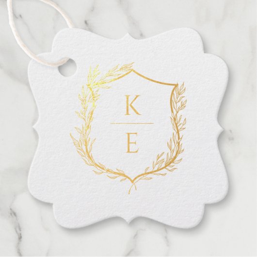 Botanische Crest Monogram Weddenschap Bedankjes Labels (Voorkant)