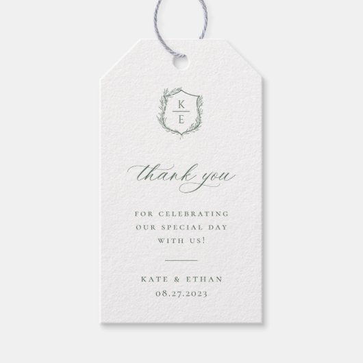Botanische Crest Monogram Weddenschap Cadeaulabel (Voorkant)
