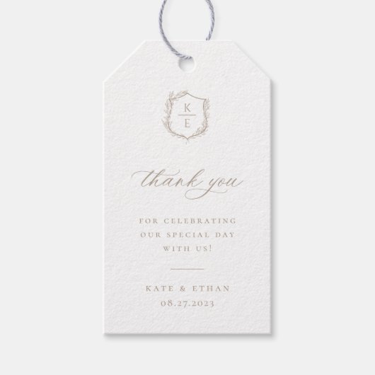 Botanische Crest Monogram Weddenschap Cadeaulabel (Voorkant)