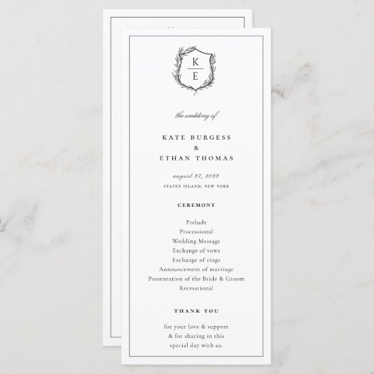 Botanische Crest Monogram Weddenschap Programmakaart (Voorkant / Achterkant)