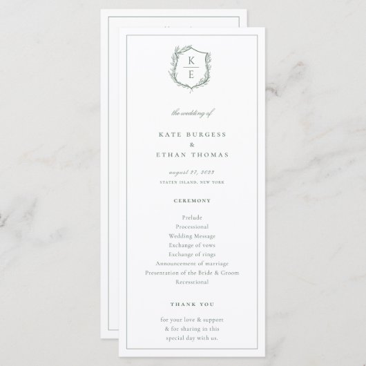 Botanische Crest Monogram Weddenschap Programmakaart (Voorkant / Achterkant)