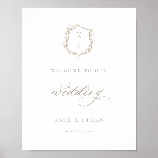 Botanische Crest Monogram Weddenschap Welkom Poster (Voorkant)
