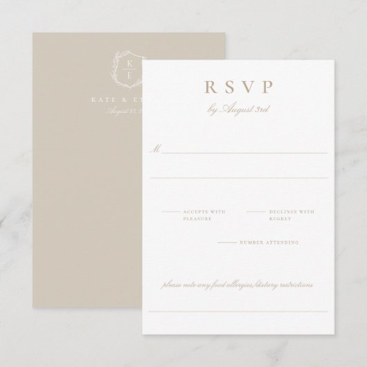 Botanische Crest Monogram Wedding RSVP Kaart (Voorkant / Achterkant)