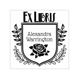 Botanische Crest Roos Ex Libris Boeknaam Zelfinktende Stempel