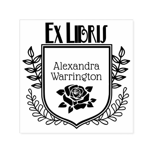 Botanische Crest Roos Ex Libris Boeknaam Zelfinktende Stempel (Design)