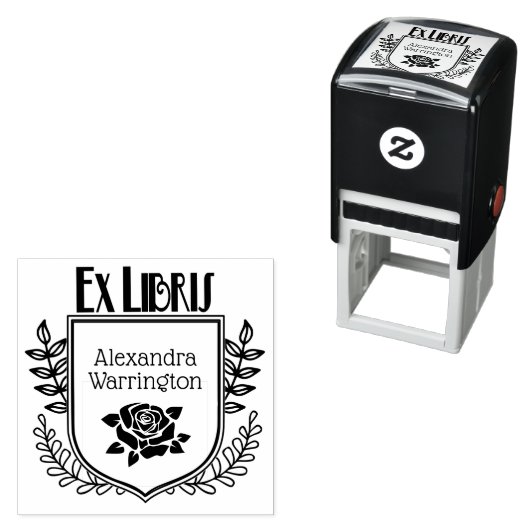 Botanische Crest Roos Ex Libris Boeknaam Zelfinktende Stempel (In situ)