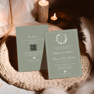 Botanische Crest Sage Groene Bruiloft QR Code Kaart