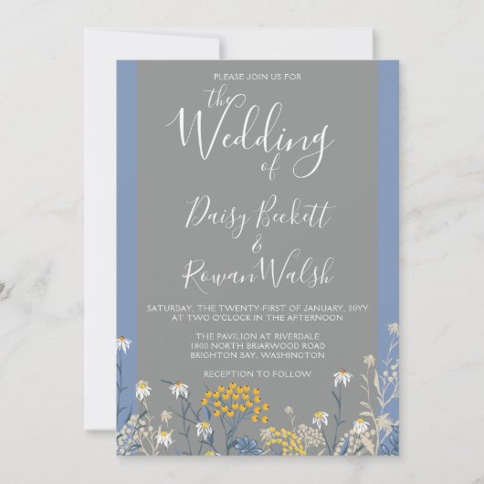 Botanische Daisy Bloemen Geel & Navy Blauw Bruilof Kaart (Voorkant)