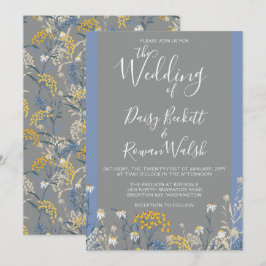 Botanische Daisy Bloemen Geel & Navy Blauw Bruilof Kaart
