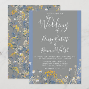 Botanische Daisy Bloemen Geel & Navy Blauw Bruilof Kaart