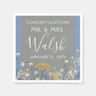 Botanische Daisy Bloemen Geel & Navy Blauw Bruilof Servet