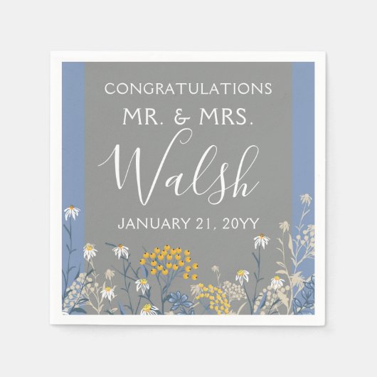 Botanische Daisy Bloemen Geel & Navy Blauw Bruilof Servet (Voorkant)