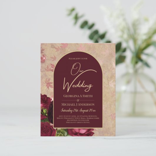  Botanische Deep Red Roses Weddenschap Gold Text (Staand voorkant)