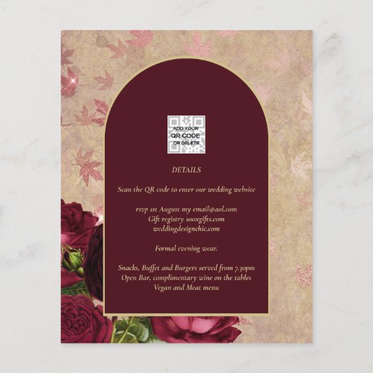 Botanische Deep Red Roses Weddenschap Gold Text (Achterkant)