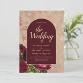  Botanische Deep Red Roses Weddenschap Gold Text Kaart (Staand voorkant)