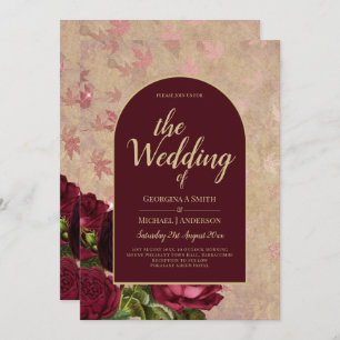 Botanische Deep Red Roses Weddenschap Gold Text Kaart