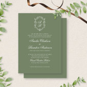 Botanische Deep Sage Green Monogram Crest Wedding Kaart