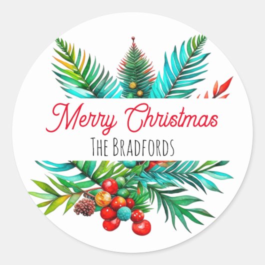 Botanische dennen Vrolijk Kerstfeest gepersonalise Ronde Sticker (Voorkant)