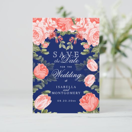 Botanische donkerblauw en koraalventiel save the date (Staand voorkant)