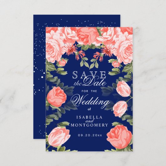 Botanische donkerblauw en koraalventiel save the date (Voorkant / Achterkant)