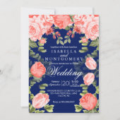 Botanische donkerblauwe en koraalbloem - Bruiloft Kaart (Voorkant)