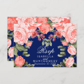 Botanische donkerblauwe en koraalbloem - RSVP (Voorkant / Achterkant)