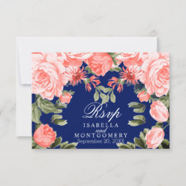 Botanische donkerblauwe en koraalbloem - RSVP Kaartje