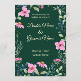 Botanische donkergroene & roze bloesem huwelijksui kaart