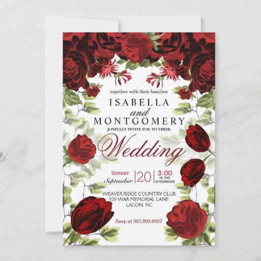 Botanische donkerrode bloemen bruiloft kaart (Voorkant)