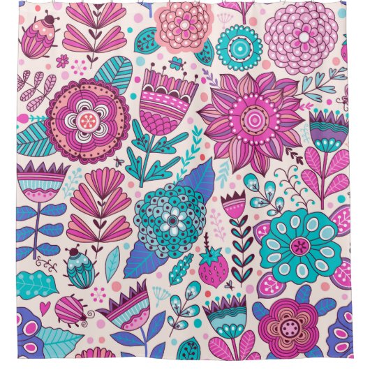 Botanische doodle bloemen, naadloos,  textuur. douchegordijn (Voorkant)