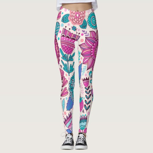 Botanische doodle bloemen, naadloos,  textuur. leggings (Voorkant)