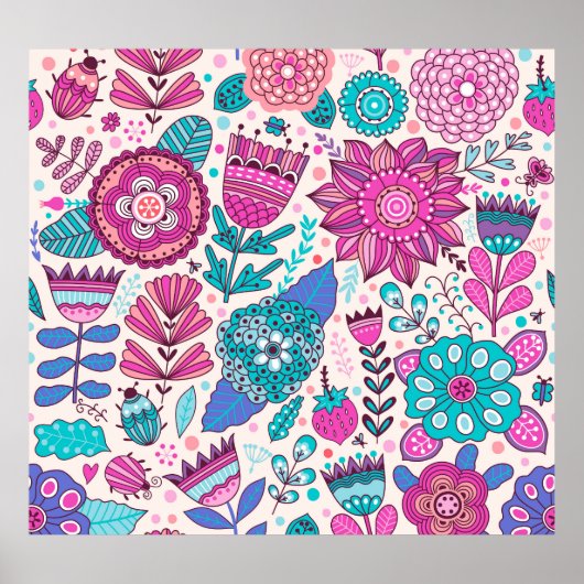 Botanische doodle bloemen, naadloos,  textuur. poster (Voorkant)