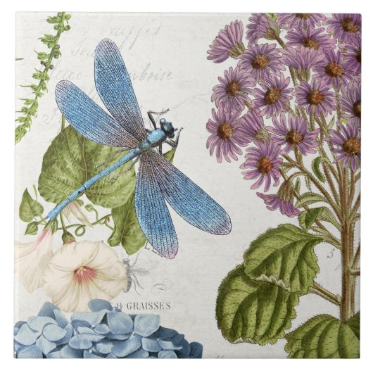 Botanische Dragonfly Wildflower bladeren Vintage 2 Tegeltje (Voorkant)