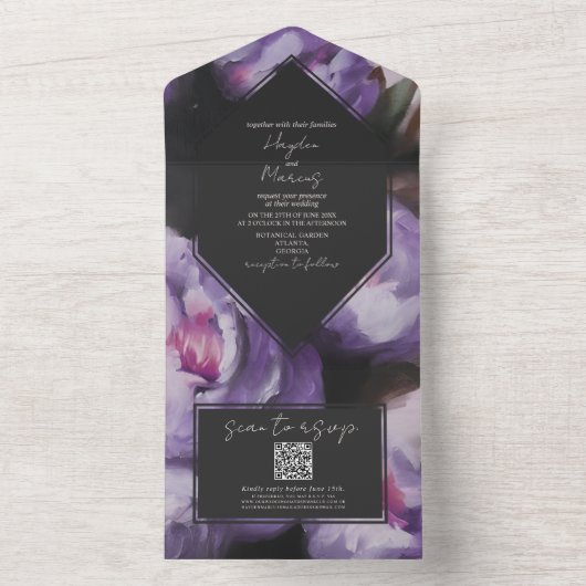 Botanische Dramatische Paarse Bloemen Bruiloft RSV All In One Uitnodiging (Binnen)