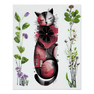 Botanische Dromen & Whiskers – Abstracte kat Perfect Poster
