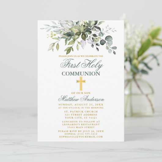 Botanische eerste communie gouden salie groen kaart (Staand voorkant)