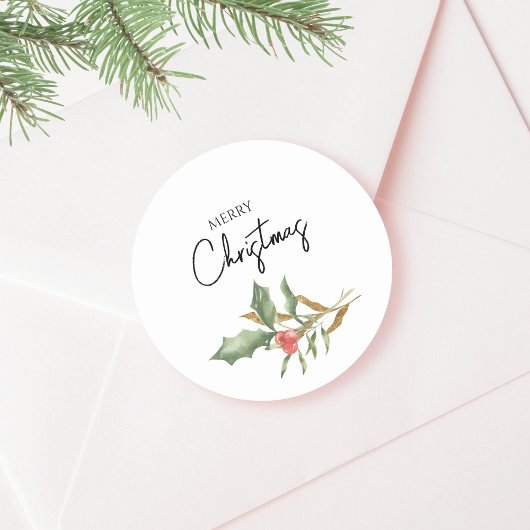 Botanische Elegant Vrolijk Kerstfeest Goud en Groe Ronde Sticker