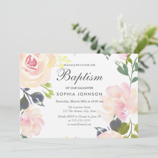 Botanische Elegante Bloemen Meisje Doop Uitnodigin Kaart (Staand voorkant)