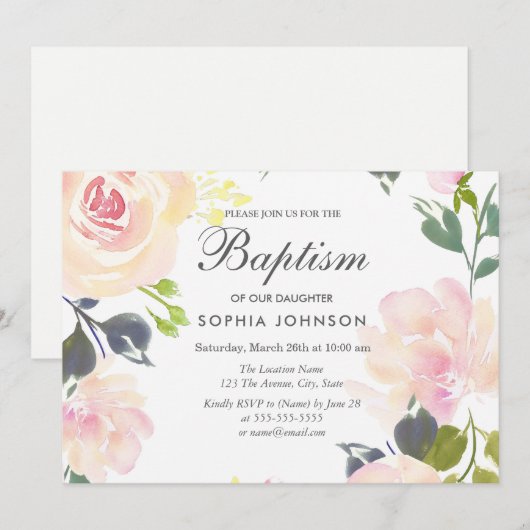Botanische Elegante Bloemen Meisje Doop Uitnodigin Kaart (Voorkant / Achterkant)