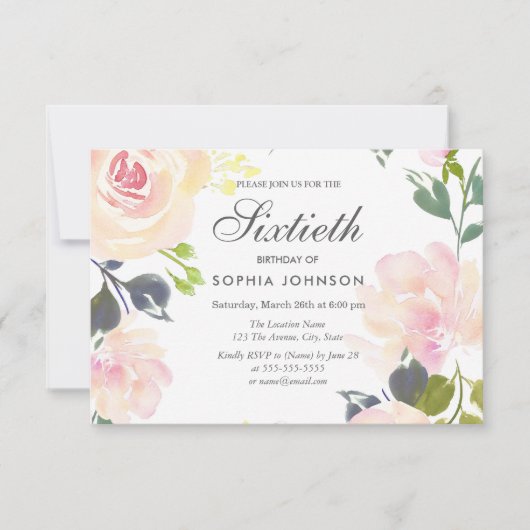 Botanische elegante Floral 60th Birthday Invite Kaart (Voorkant)