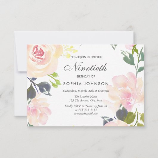 Botanische elegante Floral 90th Birthday Invite Kaart (Voorkant)