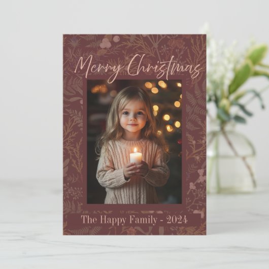 Botanische Elegante Foto Vrolijk Kerstfeest Feestdagenkaart (Staand voorkant)