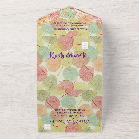 Botanische Elegante Herfstbladeren Bruiloft All In One Uitnodiging (Buitenkant)