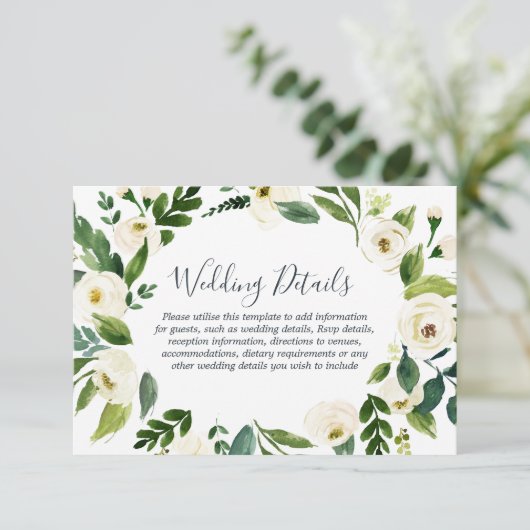 Botanische Elegante Krans Tuin Bruiloft Details Informatiekaartje (Staand voorkant)