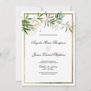 Botanische elegante witte mint gouden blad bruilof kaart