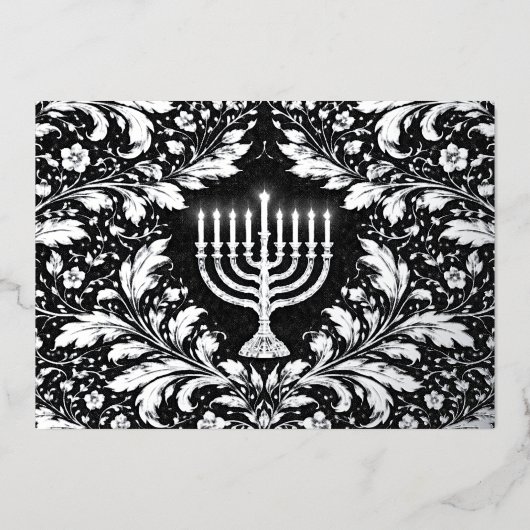 Botanische elegante zilveren menorah Hannukah Folie Feestdagenkaart (Voorkant)