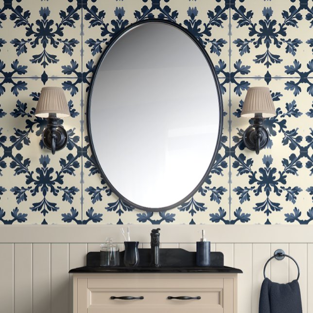Botanische elegantie - Marine en Ivoor - Tradition Behang (Navy Botanical Grace Peel and Stick Wallpaper)