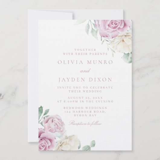 Botanische Elegantie: Witte & Blush Bloemen Huweli Kaart (Voorkant)