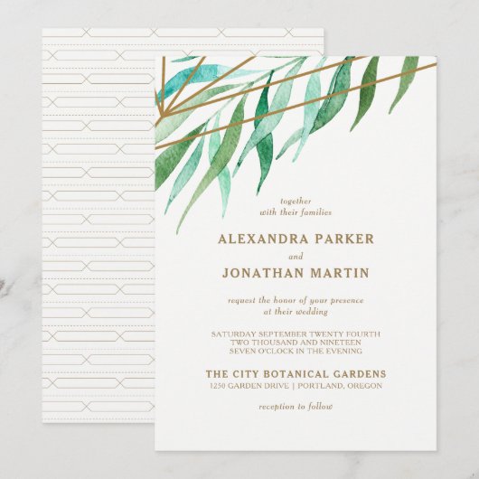 Botanische en koperen geometrische bruiloft kaart (Voorkant / Achterkant)