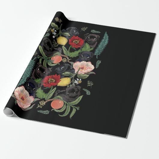 botanische en zwarte pug t-by-huebucket cadeaupapier (Uitgerold)